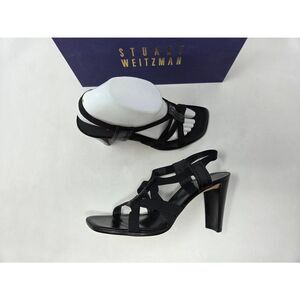 STUART WEITZMAN BLACK LEATHER ELASTIC STRAPPY BASILISK HEELED SANDAL SIZE 8.5M